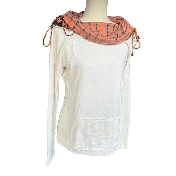 Able Clothing Artsy Cream Thermal Orange Black Tie Dye Cowl Neck Top Size Small - Picture 2 of 11